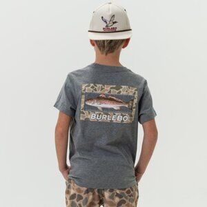 BURLEBO Youth Short Sleeve Pocket Tee KEEPER REDFISH - SS - DARK HEATHER GREY